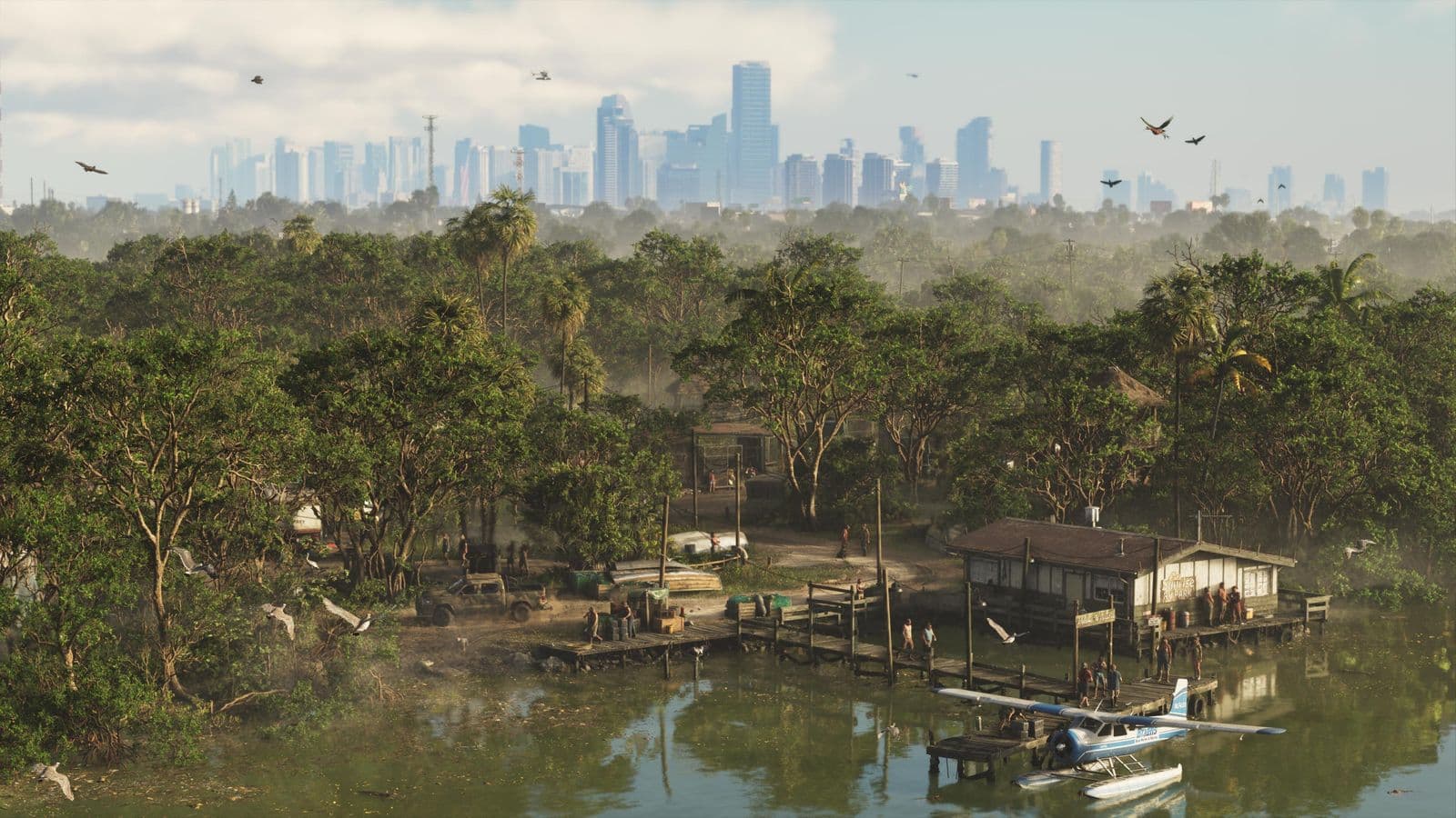 Das Feuchtgebiet Grassrivers mit einem Wasserflugzeug an einem Holzsteg und der Skyline von Vice City in der Ferne
