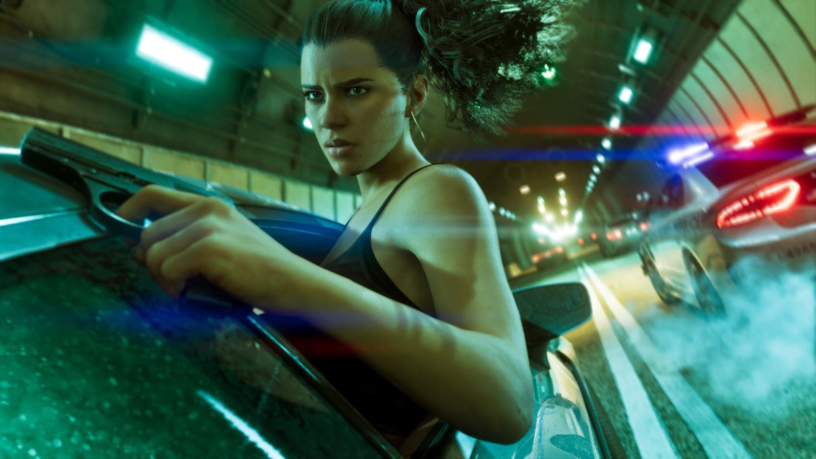 Lucia Caminos zielt mit einer Pistole aus dem Autofenster, während Polizeiwagen sie durch einen Tunnel jagen