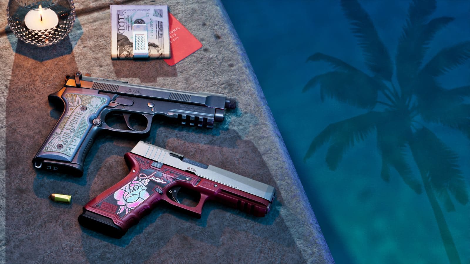 Two personalised pistols, Jason’s engraved and Lucia’s in red with a rose design, on a ledge beside a pool