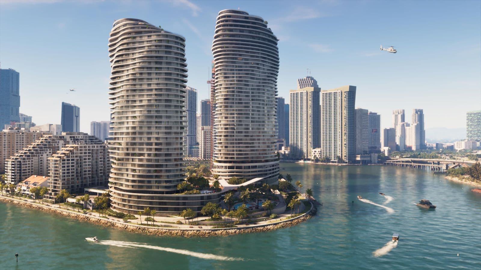 Zwei geschwungene Wohntürme am Ufer von Vice City, Boote kreuzen die Bucht, dahinter die Skyline