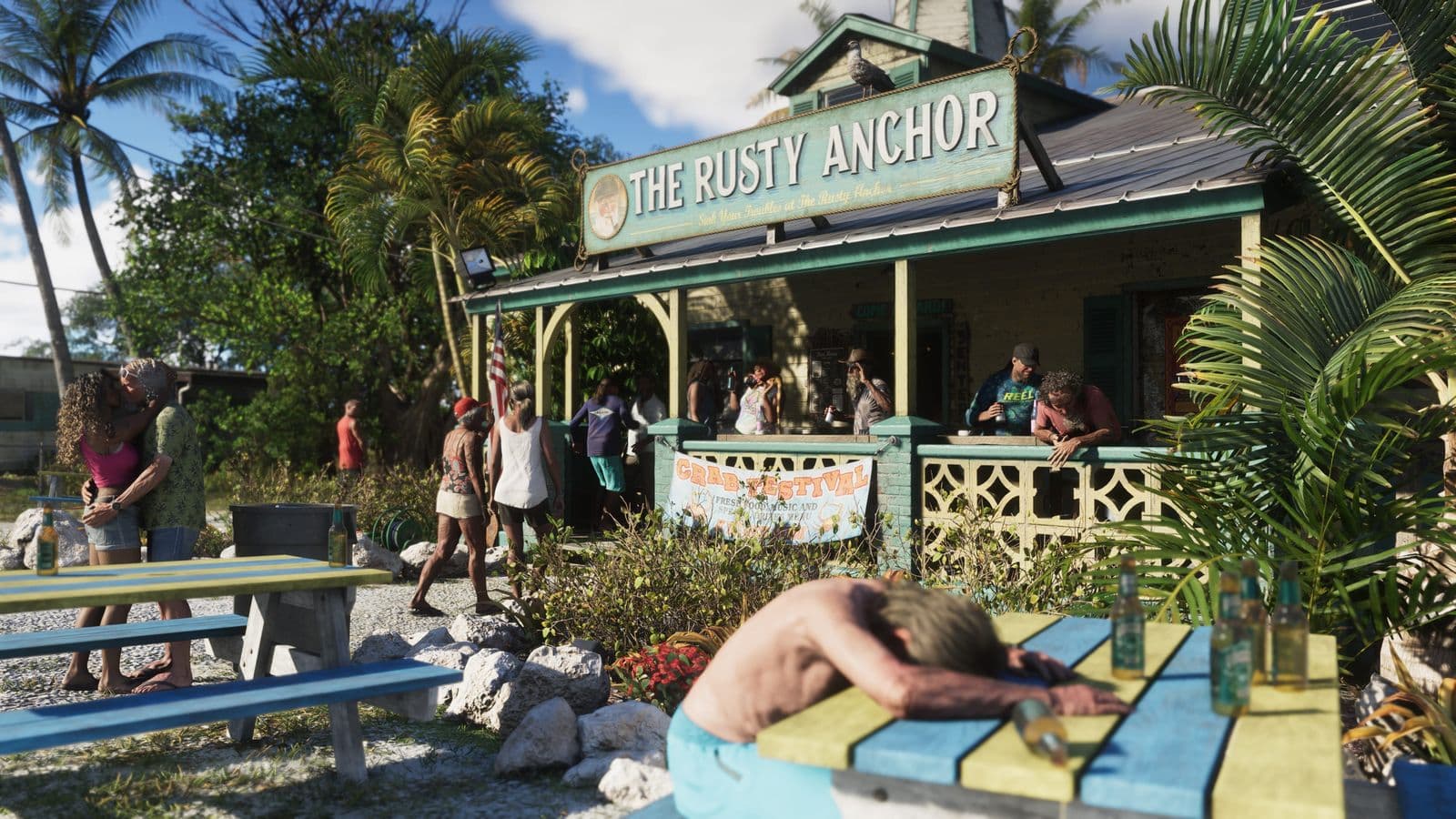 Locals outside The Rusty Anchor, a waterside bar in the Leonida Keys
