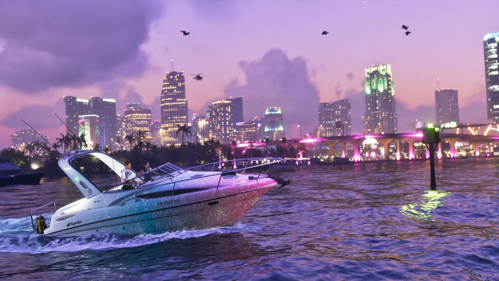 A white Shitzu Squalo speedboat with a palm-leaf livery cruising past the city skyline at dusk